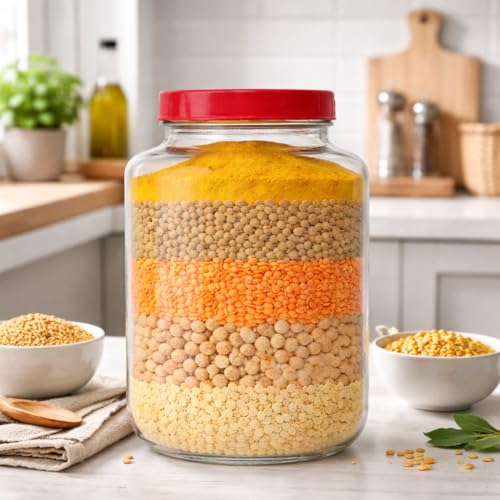 Image of 3000ml (3KG) Glass Storage Jar Pack of 2 with Airtight Red Lid - Large Kitchen Containers for Rice, Atta, Dal & Dry Fruits - Heavy Duty Transparent Glass