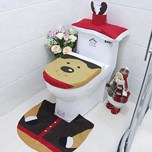 Morobor Weihnachten Toilettendeckel Badezimmer Toilettensitz Pad Wassertank Abdeckung und Taschentuchset Braun Elch