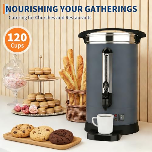 Image of 120-Cup Commercial Coffee Urn, 18L / 4.8Gal Double Wall Insulation Coffee Dispenser, Stainless Steel Large Hot Beverage Dispenser with Automatic Temperature Control & Faucet for Party Buffet