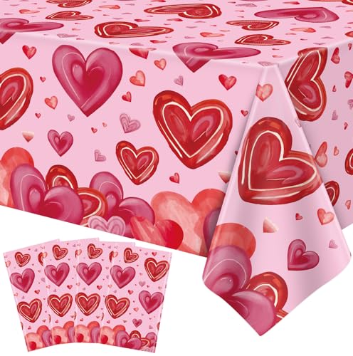 LWYGEGJO 4 Pack Valentine's Day Tablecloth Valentine's Day Love Heart Table Cover for Rectangle 51 x 86in Waterproof Plastic Table Cloth for Valentine Day Party Supplies, Mother's Day Décor (pink)