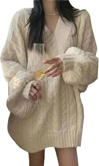 Womens Y2K Oversized Chunky Cable Knit Sweater Casual Long Sleeves V Neck Pullover Tops