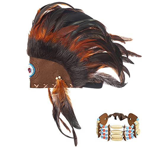 Ballinger Native American Indian Headdress - Feather Headdress and Choker for Native American Decor, Carnival, Halloween Party and Role Play
