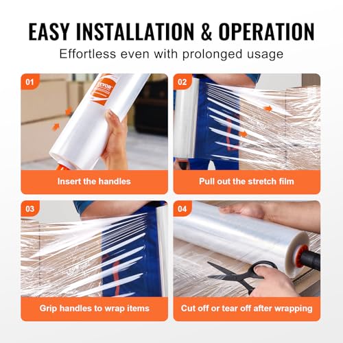 vevor stretch film 15 inches x 1200 feet 80 gauge industrial strength clear durable stretch wrap roll heavy duty shrink film stretch wrap with handles for pallet wrapping shipping moving 2 pack