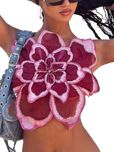 Women 3D Flower Spaghetti Strap Crop Cami Sleeveless Backless Y2K Party Streetwear Vest