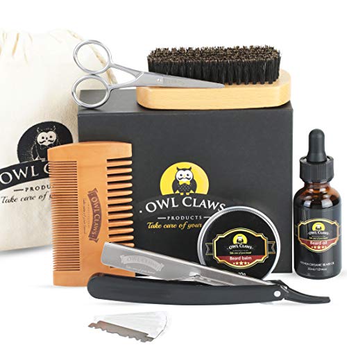 Owl Claw Men’s Beard Shaving Kit, Includes, Comb Straightener, Brush, Styling Balm, Beard Oil for Growth, Barber Scissors, Razor and Bag | Quality Tools for Beard and Mustache