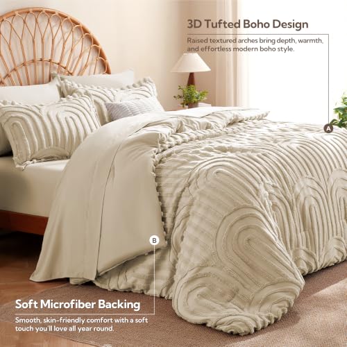 Image of MR&HM Boho Comforter Set King 7pcs, Linen Western Arch Tufted Bedding Set