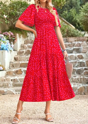 Image of KIRUNDO Summer Dresses for Women 2026 Spring Casual Flutter Short Sleeve Wedding Guest Smocked Flowy Tiered Aline Midi Dress