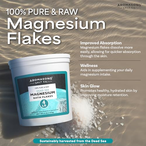Aromasong Raw Dead Sea Magnesium Flakes for Bath - 4 LB Bulk Bath Salt in Reusable Bucket