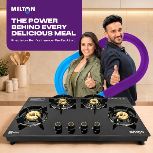 Image of Milton Magnus 4 Burner Gas Stove Hobtop | Built-In Hob with Auto Ignition | Italian SABAF Valves | 8mm Toughened Glass Top | 360 Nozzle | ISI Certified | 5 Years Glass Warranty