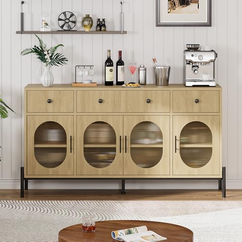 GarveeHome 62" Large Sideboard Buffet Cabinet with Storage and 3 Drawers, Buffet Table Coffee Bar Storage Cabinet with 4 Glass Doors for Dining Room, Living Room, Kitchen