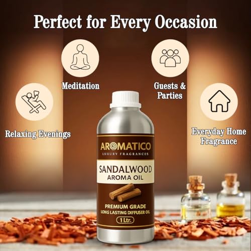 Image of AROMATICO Sandalwood Diffuser Oil with Strong, Long-Lasting Aroma. Woody, Spiritual Aroma Oil for Homes, Offices & Showrooms. Aromatherapy, Diffusers, Air Purifiers, Vaporizers - 1 Litre (1000 ml)