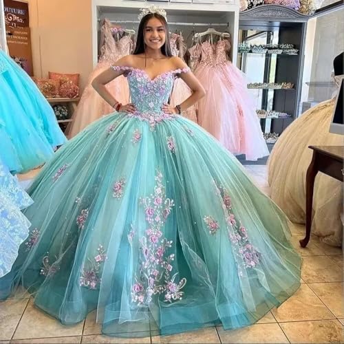Spaghetti Straps Quinceanera Dresses Ball Gowns 3D Lace Appliques Sweet 16 Dresses for Teens Long Prom Evening Gowns2