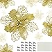 Produktbild 18 Stück Weihnachtsbaum Deko Künstliche Glitzer Weihnachtsblumen mit Clip und Stiel Weihnachtsbaum Blumen Dekoration für Anhänger und Kranz (Gold, 15cm, 11cm, 9cm)