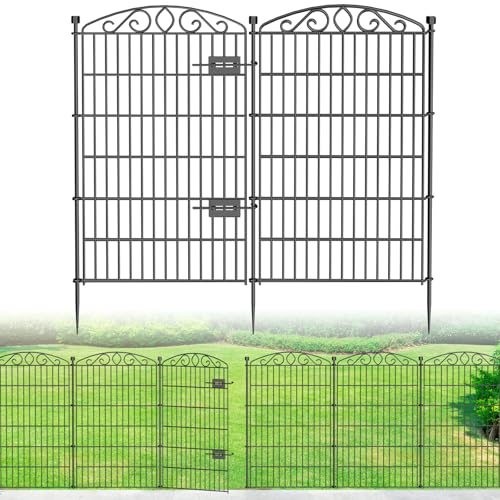 12 Panel No Dig Decorative Garden Fence with Gate - 42in H x 25.55ft L, Tall Animal Barrier for Dogs Rabbits, Rustproof Metal Wire Panels for Yard, Patio, and Outdoor Border Use