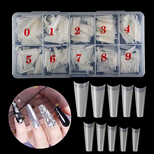 500 Pcs/box Nail Tips Fake Nail Coffin Shape Long Ballerina Nail Stickers for DIY Nail Art Salons with Box 10 Sizes (Natural color)