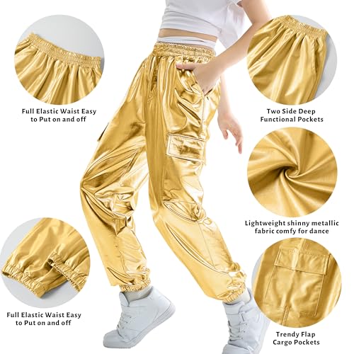 Image of Rolanko Girls Cargo Pants for Kids Loose Streetwear Hip Hop Dance Cotton Cargo Jogger Pants for Kids 4-15 Years