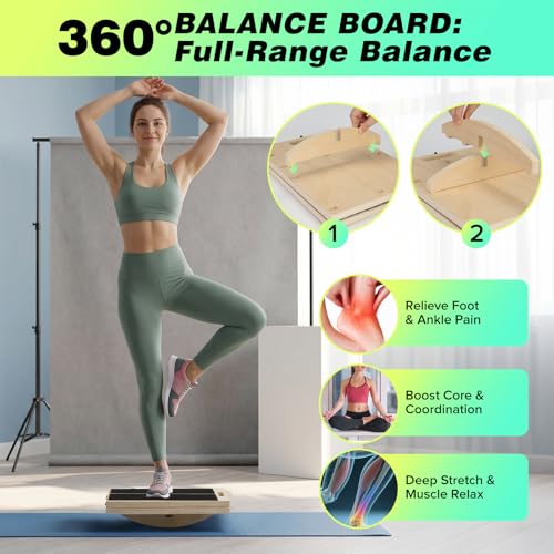 Image of 3-in-1 Slant Board & 180 /360 Balance Board, Portable 6 Angle Adjustable Calf Stretcher with Training Poster, Anti-Slip 300LBS Wobble Board for Physical Therapy, Standing Desk & Core Strength