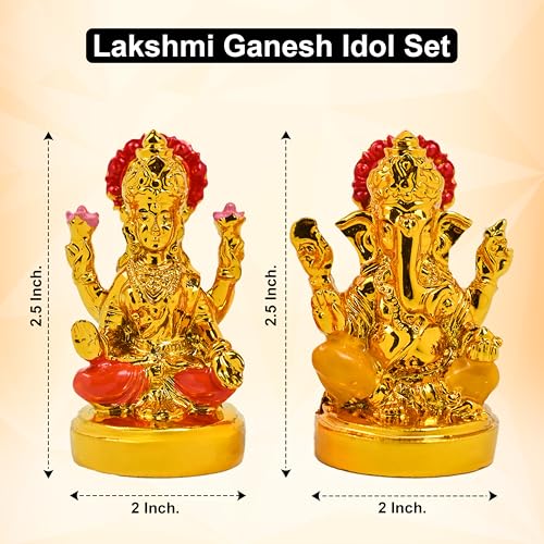 Image of HindCraft Golden Laxmi Ganesh Idol Set for Pooja - Decorative Gold Lakshmi Ganesha Murti for Home Temple, Office, Car Dashboard Showpiece for Family & Friends