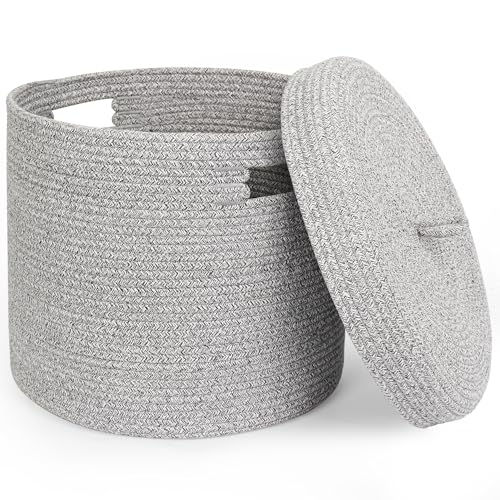 WILLITAT Storage Basket with Lid, Woven Blanket Storage for Living Room, Soft Cotton Rope Bin with Lid, Round Wicker Laundry Basket with Cover, Lidded Kid Dog Toy Box, Nursery Organizer, 15