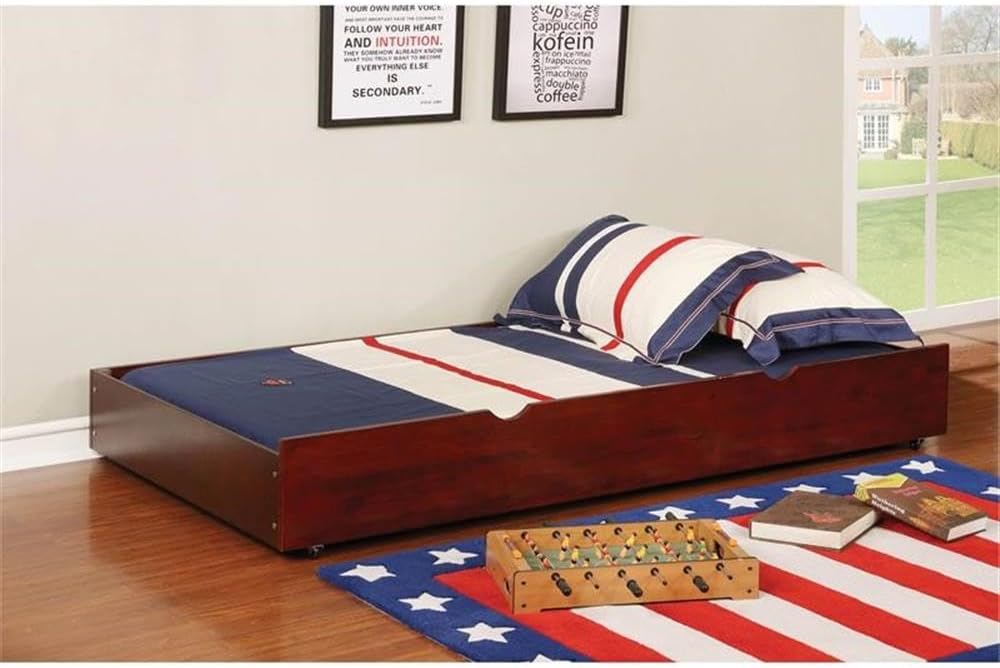 BOWERY HILL Transitional Wood Twin Storage Trundle, Cherry Finish, 74.25 x 40.5 x 10.75 Inches, Solid Wood Frame with Veneer, Caster Wheels, Multi-Purpose Design for Bedroom Use