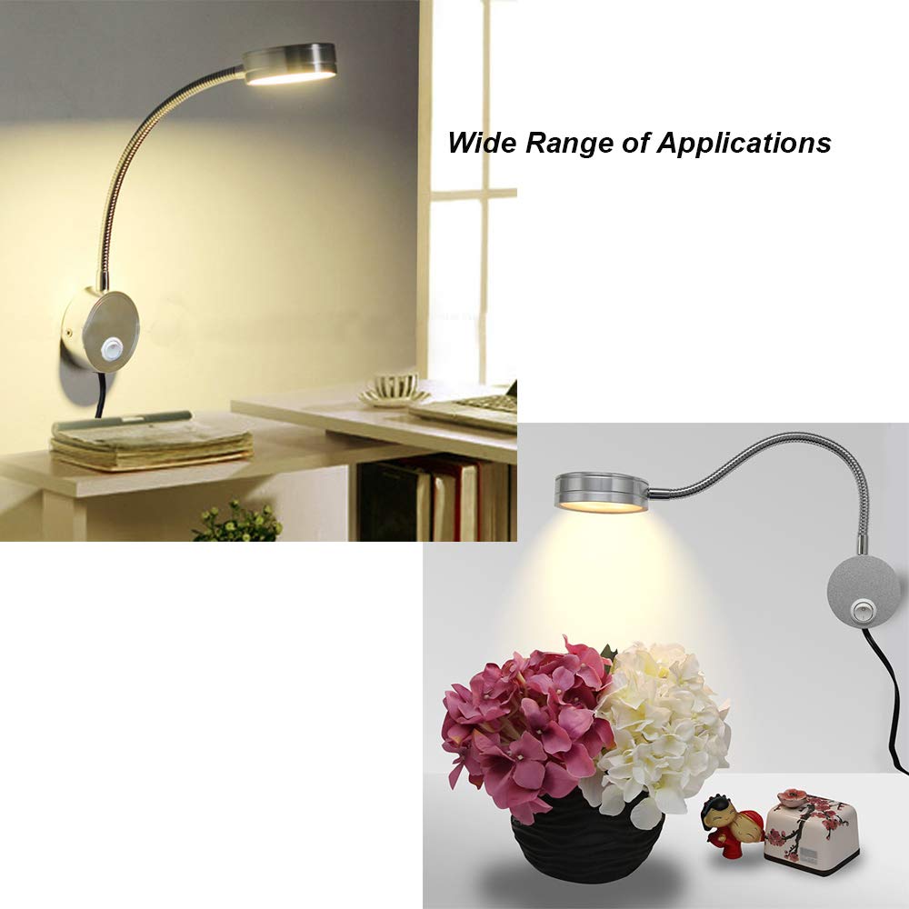 Youngine EU Plug Leselampe, flexible 5W LED Leselampe mit EIN/AUS-Schalter und Stecker, Schwanenhals Nachttischleuchte für Schlafzimmer Büro Hotel, 6000K (Silber-kühles Weiß)