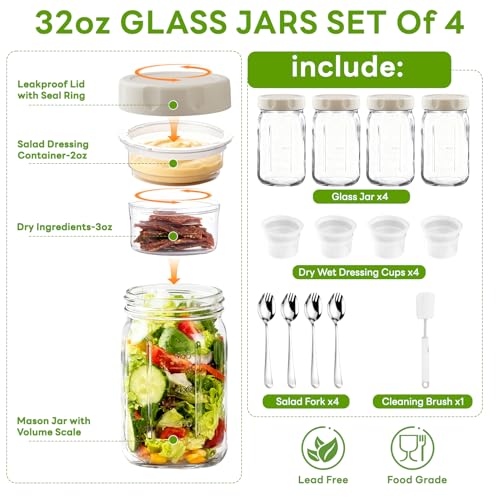 Image of JUNLIN 9Pack Salad Jar with Lids Meal Prep，32oz Large Salad Jars with 2 Build in Dressing Cup Meal Prep Containers, Salad Lunch Container for Office Gym On the go