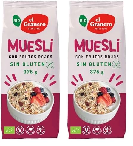 El Granero Integral - Muesli Frutos Rojos Sin Gluten Bio - 375 g - Fuente de Fibra y Nutrientes Esenciales - Mejora la Salud Intestinal - Ideal para el Desayuno - Apto para Veganos (Paquete de 2)
