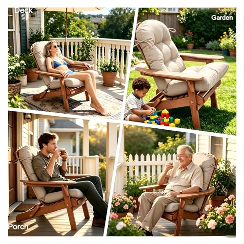 Image of QILLOWAY Outdoor High Back Chair Cushion for Adirondack, All Weather Rocking Chair Cushions Thick Padded Replacement for Patio Furniture Set of 4,Tan, Grey
