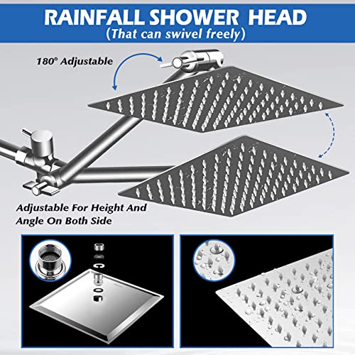 Image of Shower Head,8 inchRain Shower Head with Handheld Spray Combo with 11'' Angle Adjustable Extension Arm /Flow Regulator /Shower System,High Pressure Rainfall Shower Head Bathroom,Chrome