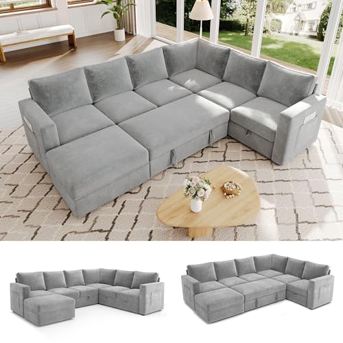Image of 106.7 inch Sectional Sleeper Sofa with Pull Out Couch, Light Gray