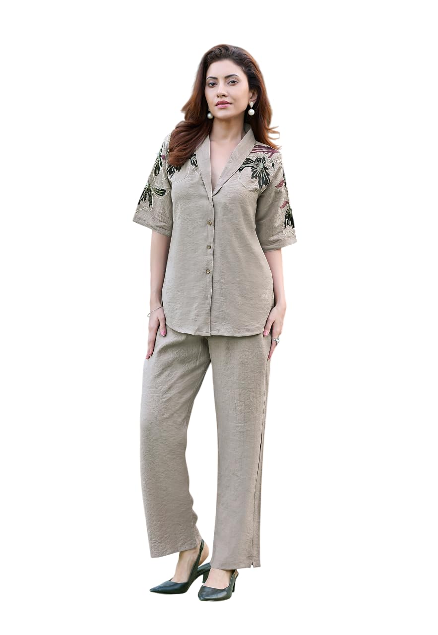 Embroidered Shirt Collar Shirt & Trousers Co-Ords-image-21