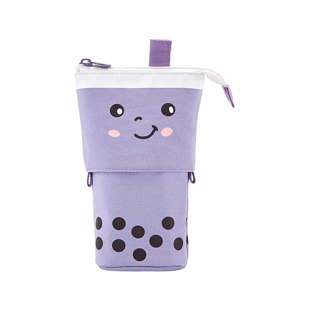 Yicare Pencil Case Cute Boba Milk Tea Telescopic Pen Bag Stand Pencil Holder Cartoon Kawaii Canvas Makeup Bag for Student Office Girls Boys Teenage Adult (Purple)