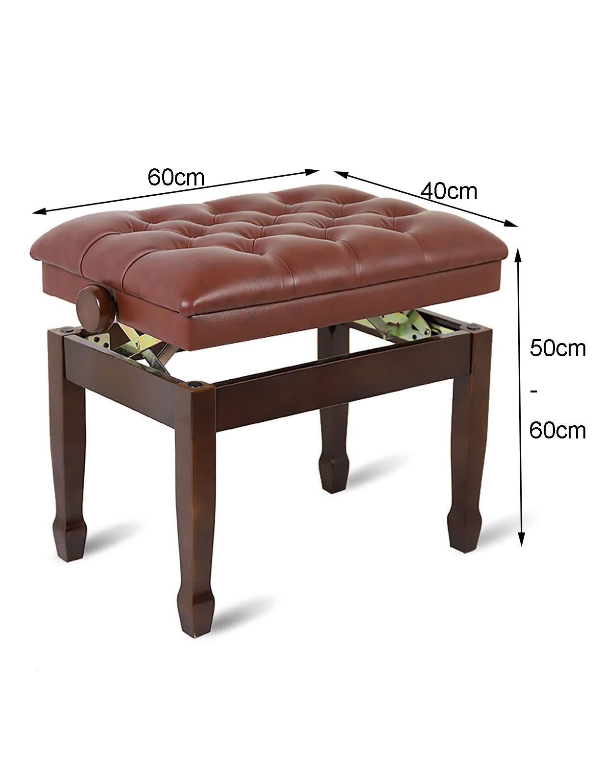 Klavierbank mit wasserdichtem und atmungsaktivem Leder-Keyboard-Bank-Klavierhocker, 10 cm höhenverstellbar, 60 x 40 x 50–60 cm (Walnuss)