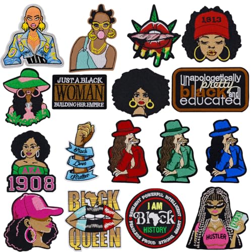 Kleeblatt 17pcs Black Woman Empowerment Embroidered Iron on Patches - Bold Cultural DIY Applique for Adults, Iron on/Sew on Decor for Clothing Jackets Bags Hats