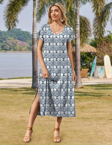 Image of Zeagoo Women Summer Floral Dress Short Sleeve Beach Dress with Pockets Casual V-Neck Split Long T-Shirt Dress Travel Vacation