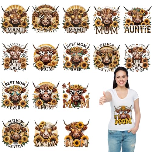 17 Pcs 7 Inch Vinyl DTF Heat Transfers for Shirts with Highland Cow and Sunflower Mom Designs for Mother's Day DIY Apparel and Gift Projects