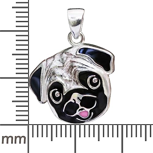 CLEVER SCHMUCK Mops Halskette großer Anhänger massiv 18 mm plastisches Gesicht bunt lackiert Kette Panzer 45 cm Sterling Silber 925 im Etui weiß