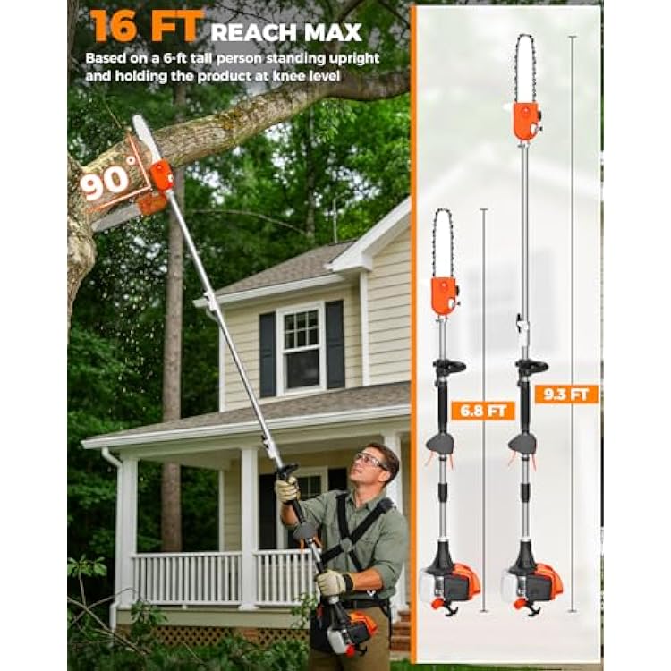 NEO-TEC 26CC Gas Pole Saw 6.9-9.5 FT Extendable Gas Powered Pole Saws for Tree Trimming 10 Chainsaw Bar, 90 Adjustable Head, Cuts Limbs Up to 8 Powerful Tree Trimmer with Auto Oil for Yard Cleanup
