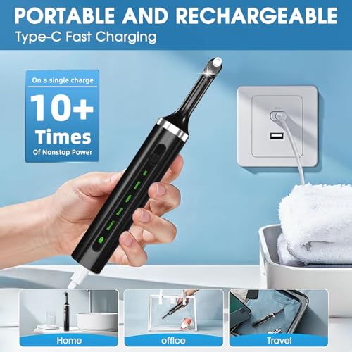 Image of Electric Teeth Whitening Tools Plaque Tartar Polishing Cleaning Kit with LED Light 5 Speed Modes with 5 Replacement Brush Heads (Black)