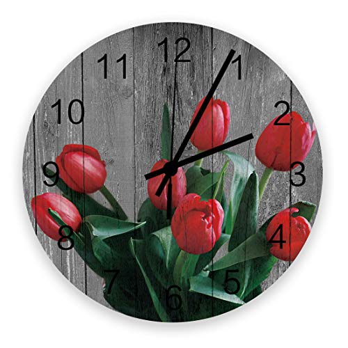 TAOGAN Wall Clock Red Tulip Wood Clock Silent Non Ticking Wood Grain Round Clock Battery Operated Decorative Wall Clock 12 x 12 inch