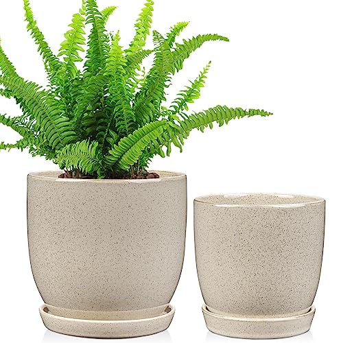 Oairse Durchmesser 15cm/12cm 2er-Set Keramik Übertopf, Blumentöpfe mit Drainageloch-Untersetzern für Zimmerpflanzen, Retro-Dekoration für Gartenbehälter-Sets im Freien, Glasur Beige
