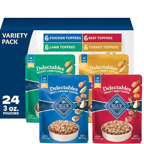 Blue Buffalo Delectables Variety Pack Natural Wet Dog Food Topper (Chicken Beef Turkey & Lamb) in Gravy with Natural Ingredients Vitamins & Minerals 3-oz. Each (24 Pouches)