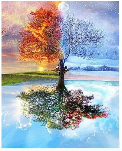 Ehuihuan Árbol Colorido Pintar por Numeros Adultos, Árbol de Cuatro Estaciones Manualidades Adultos, DIY Lienzos para Pintar con Numeros, con Pinceles y Pinturas, 40×50 cm Sin Marco (B)