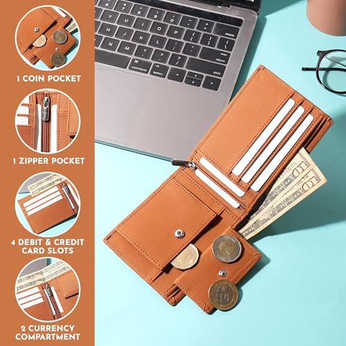 Image of VEMILIO Vegan Leather Wallet for Men | Eagle Print Embossed Premium Bifold Wallet | 3 Card Slots | 2 Cash Compartments | 1 Coin Pocket & 2 Secret Slots | Stylish, Durable & Gift for Men (Eagle, Tan)