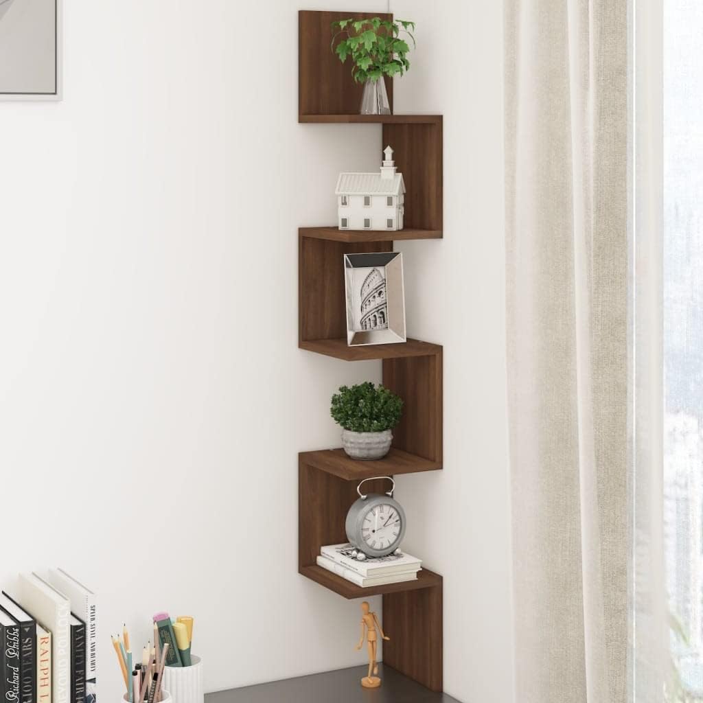 Brown Oak Wall Corner Shelf, 7.9x7.9x50.2 Inch Engineered Wood 5-Tier Display Storage for Living Room, Bedroom, Bathroom Decor