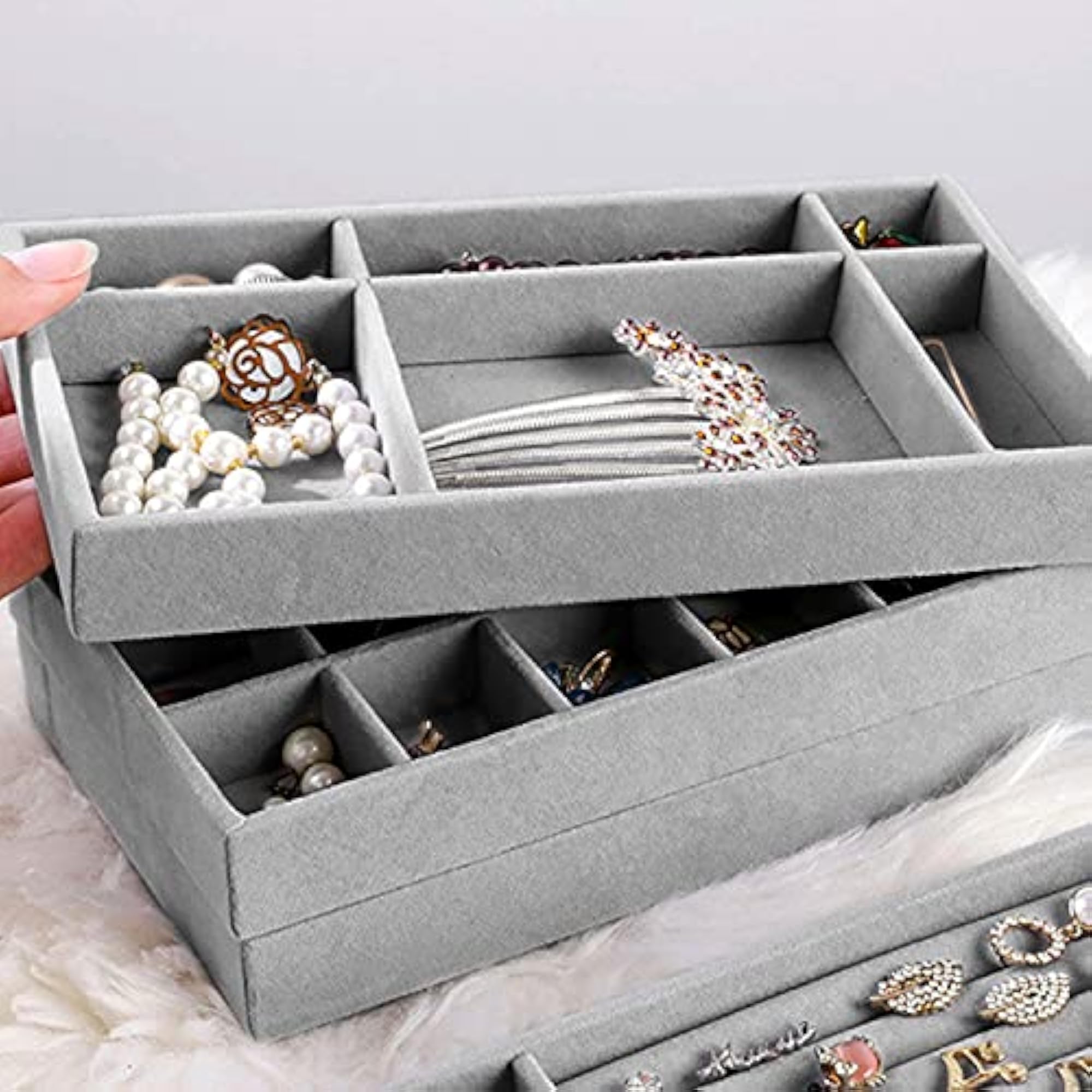 4 Pcs Stackable Velvet Jewellery Organizer Tray for Drawer