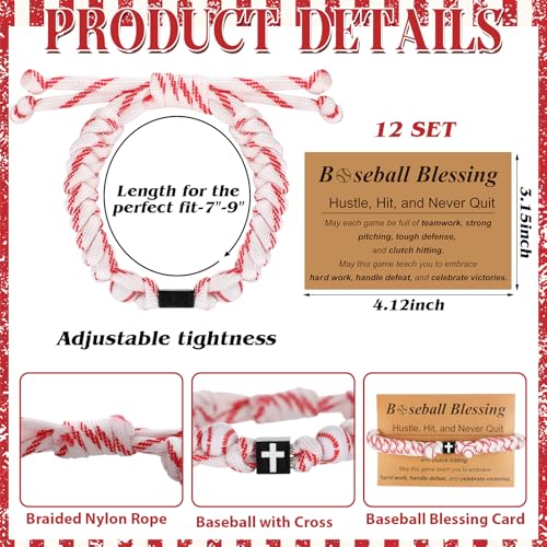 24 Pcs Christian Baseball Gifts for Teen 12 Cross Bracelets 12 Cards Adjustable Baseball Religious Bracelets Gifts3