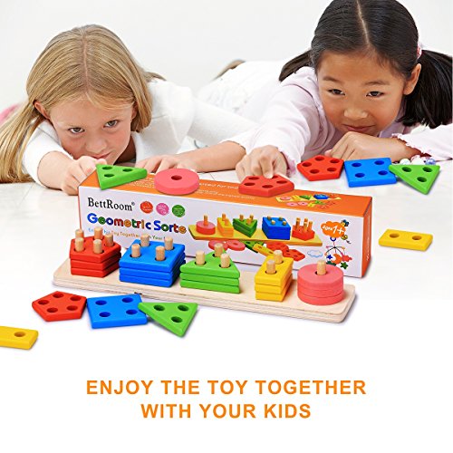 Bettroom Wooden Educational Preschool Toddler Toys For 3 4-5 Year Old Boys Girls Shape Color Recognition Geometric Board Blocks Stack Sort Kids Children Non-Toxic Toy(14In) #TOP1