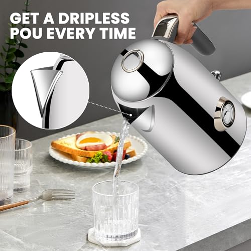 Image of SUSTEAS Electric Kettle - 57oz Hot Tea Water Boiler with Thermometer, 1500W Fast Heating Stainless Steel Pot, Cordless LED Indicator, Auto Shut-Off & Boil Dry Protection, Silver