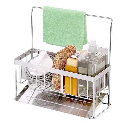 jiuzcare Organisateur D'évier Porte Eponge Evier Cuisine Support Eponge Evier Cuisine INOX avec Séparateur Amovible Porte Eponge avec Porte-Serviettes